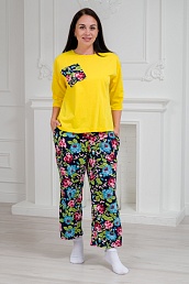 Пижама (джемпер и брюки) из кулирки Жасмин / Цветы на черном